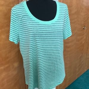 Talbots Seafoam Green w/ Black Stripes Buttons On Shoulder Tee